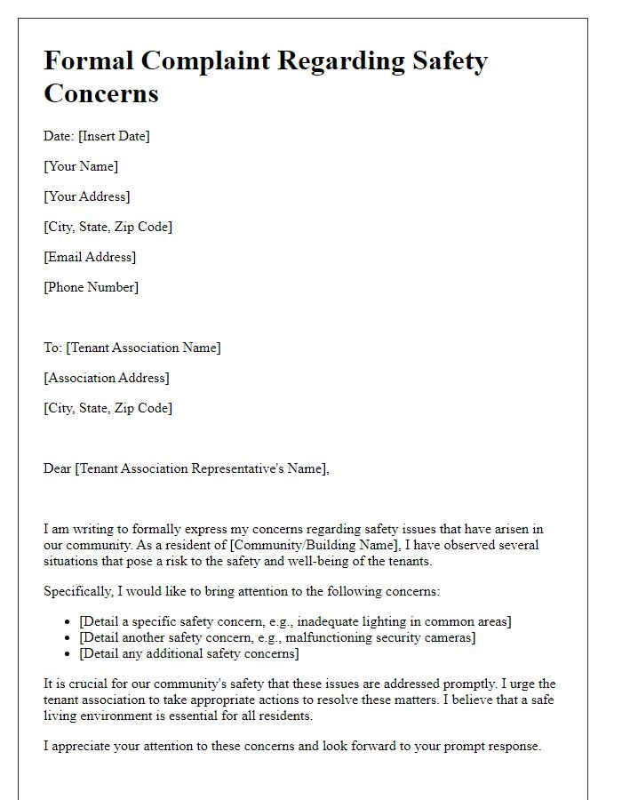 Letter template of formal complaint to tenant association regarding safety concerns.