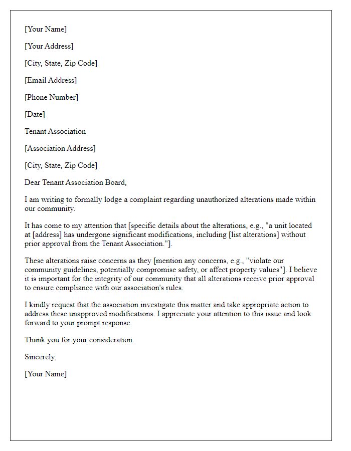 Letter template of formal complaint to tenant association regarding unapproved alterations.