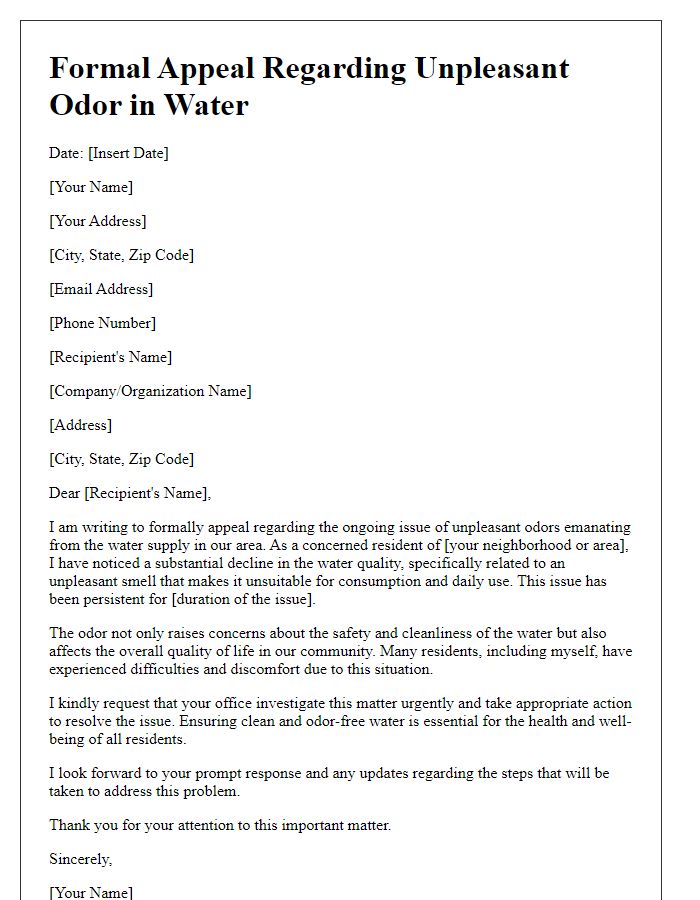 Letter template of formal appeal regarding unpleasant odor in water