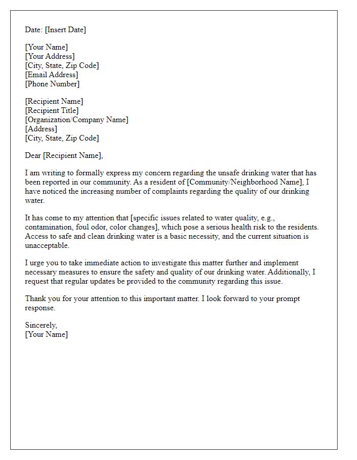 Letter template of formal grievance about unsafe drinking water