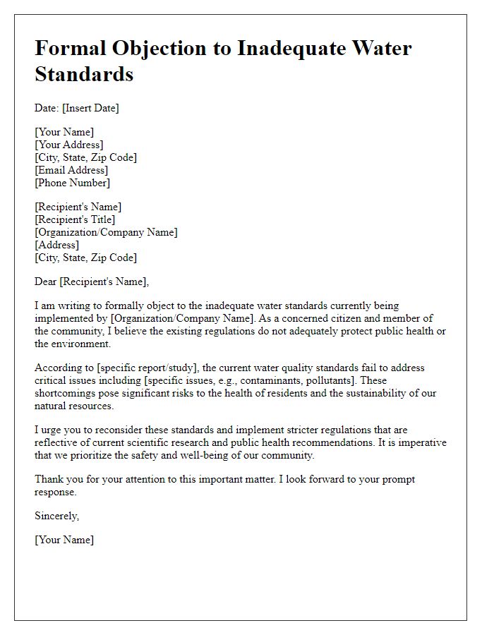 Letter template of formal objection to inadequate water standards