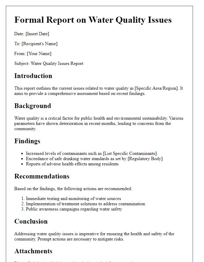 Letter template of formal report on water quality issues