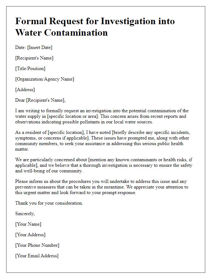 Letter template of formal request for investigation into water contamination