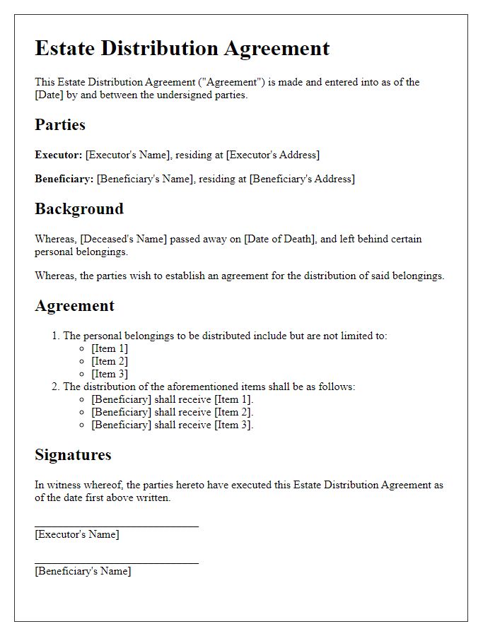 Letter template of estate distribution agreement for the allocation of personal belongings