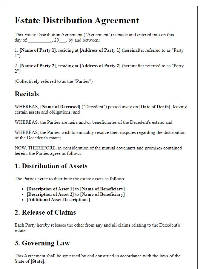 Letter template of estate distribution agreement for amicable settlement of estate disputes