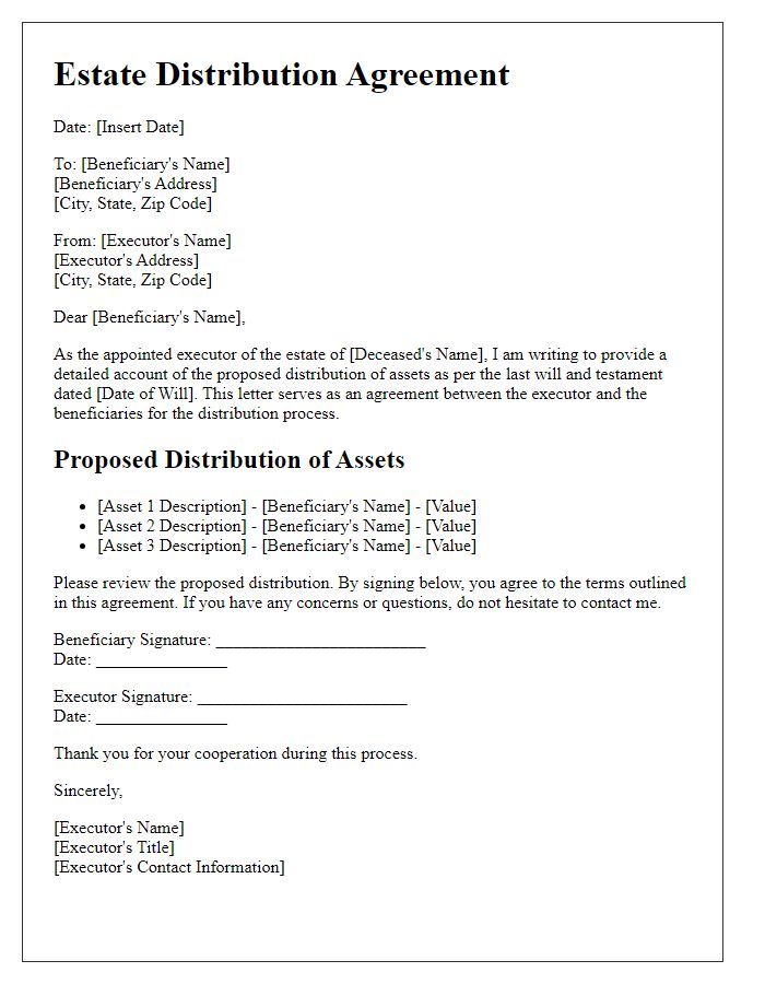 Letter template of estate distribution agreement for executor's report and beneficiaries approval