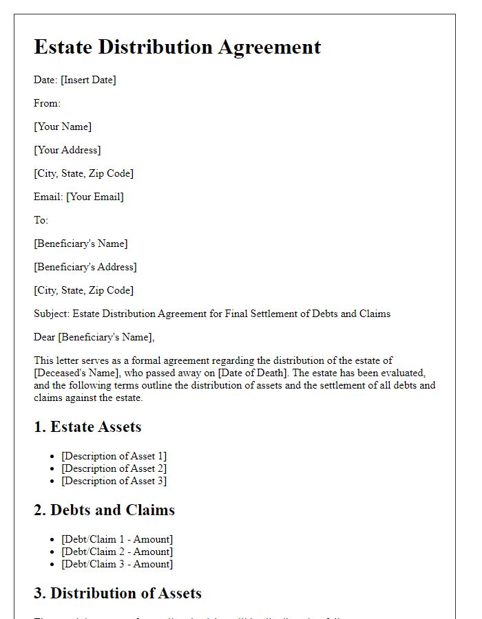 Letter template of estate distribution agreement for final settlement of debts and claims