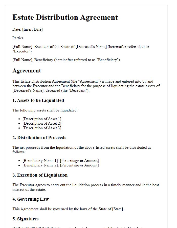 Letter template of estate distribution agreement for liquidating estate assets