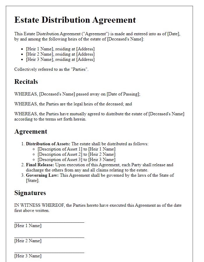 Letter template of estate distribution agreement for mutual agreement among heirs