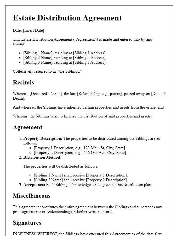 Letter template of estate distribution agreement for property division among siblings