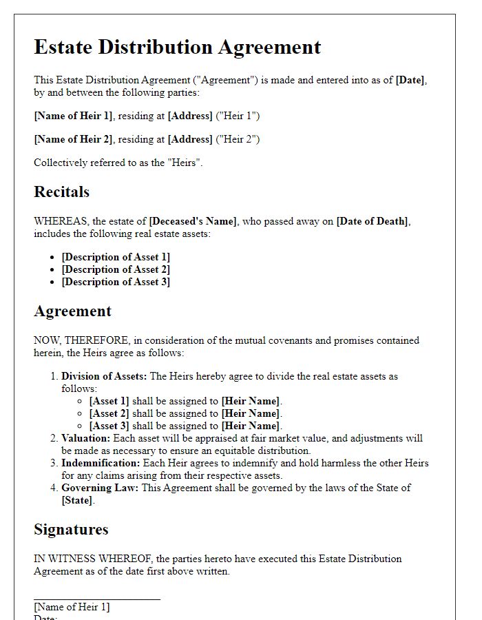 Letter template of estate distribution agreement for real estate asset division