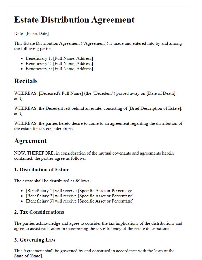 Letter template of estate distribution agreement for tax considerations among beneficiaries