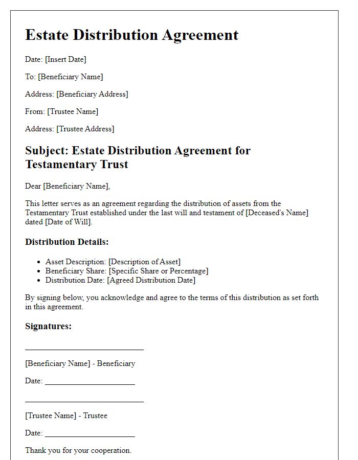 Letter template of estate distribution agreement for testamentary trust beneficiaries