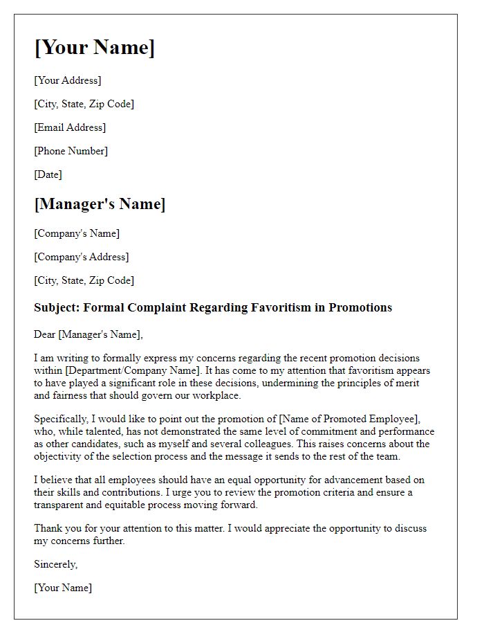 Letter template of formal complaint about favoritism in promotions