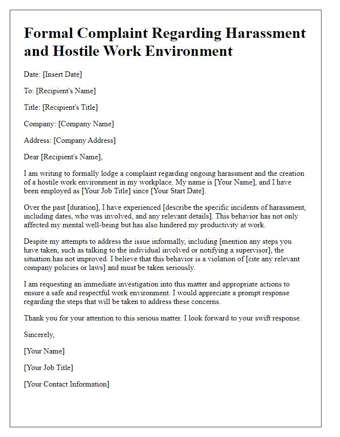 Letter template of formal complaint about harassment and hostile work environment