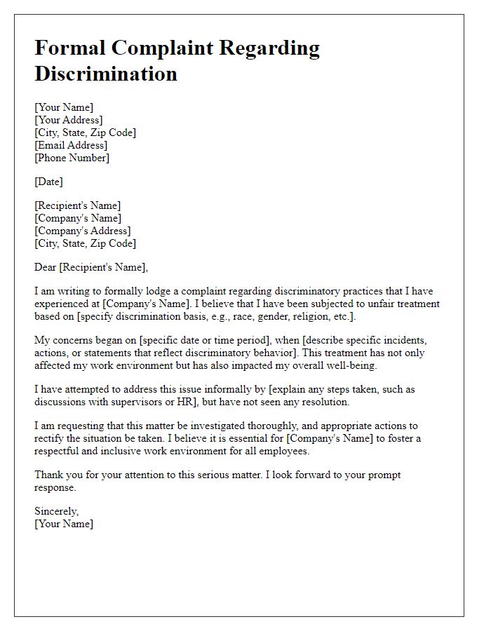 Letter template of formal complaint regarding discrimination at work