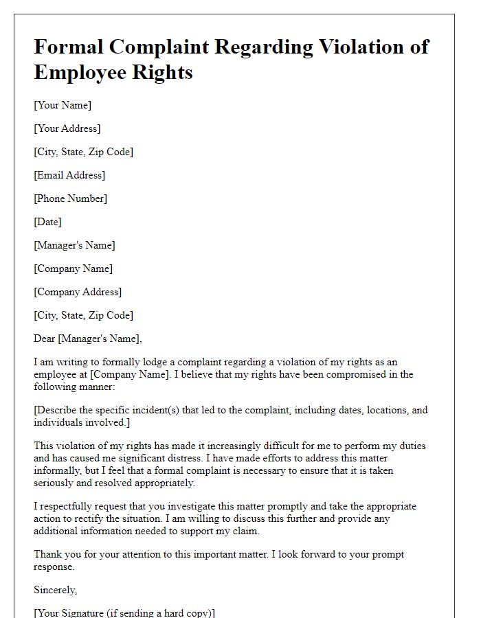 Letter template of formal complaint regarding violation of employee rights