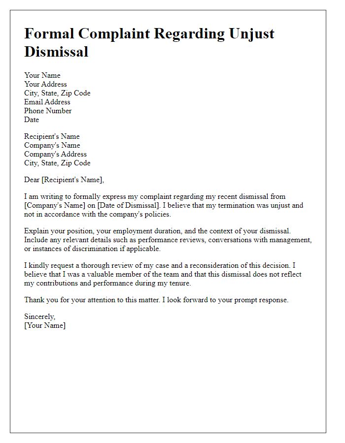 Letter template of formal complaint for unjust dismissal