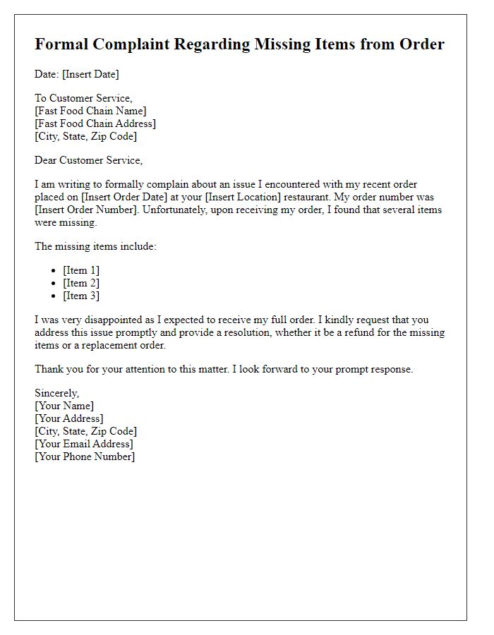 Letter template of formal complaint for missing items from fast food order.