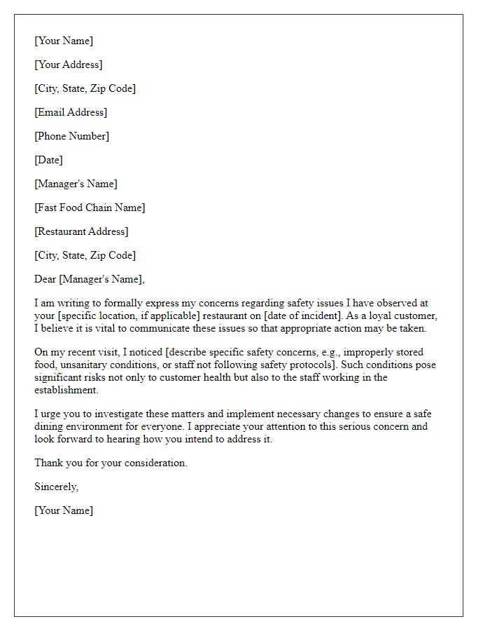 Letter template of formal complaint related to safety concerns at fast food chain.