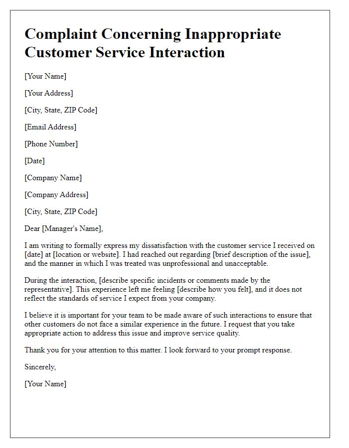 Letter template of complaint concerning inappropriate customer service interaction.