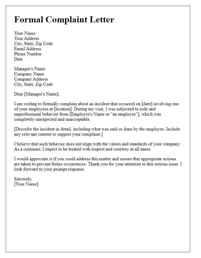 Letter template of formal complaint about rude behavior by company personnel.