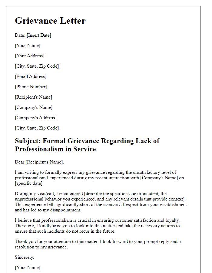 Letter template of formal grievance about the lack of professionalism in service.