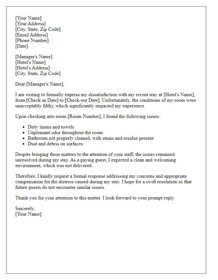 Letter template of formal complaint regarding filthy conditions in a hotel room.