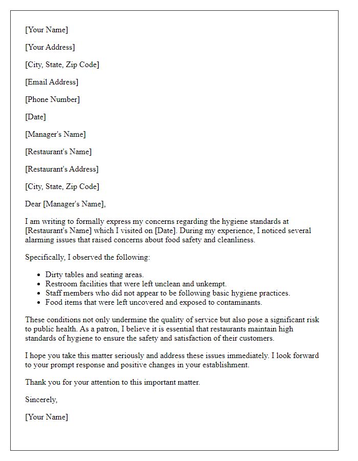 Letter template of formal complaint related to poor hygiene standards in a restaurant.