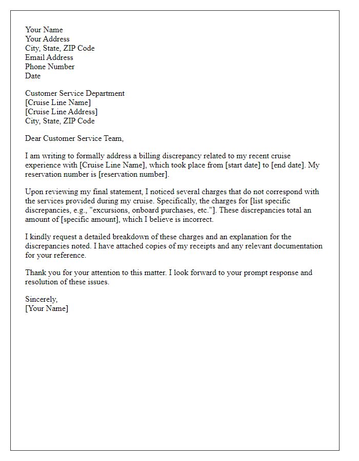 Letter template of a formal complaint to a cruise line about billing discrepancies.