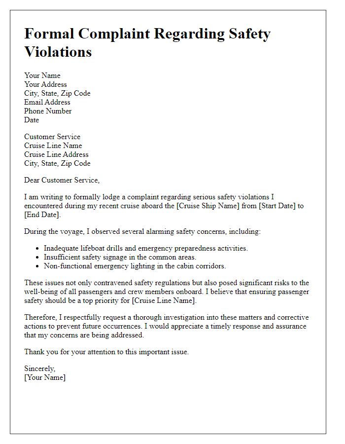 Letter template of a formal complaint to a cruise line over safety violations.