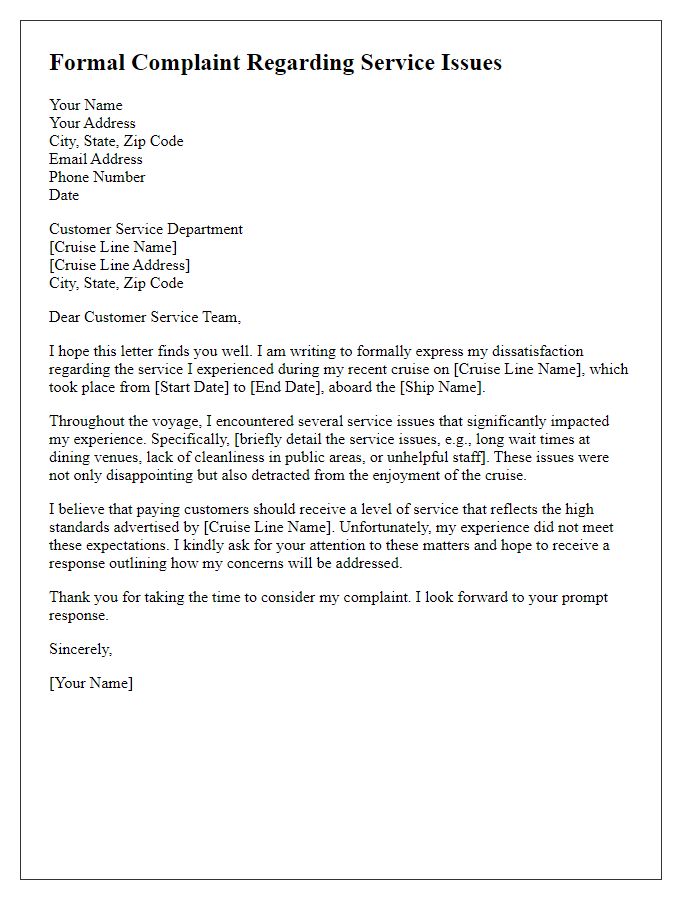 Letter template of a formal complaint to a cruise line regarding service issues.