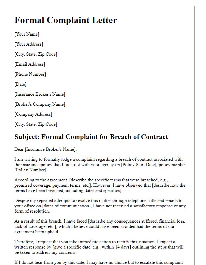 Letter template of formal complaint for breach of contract by insurance broker.