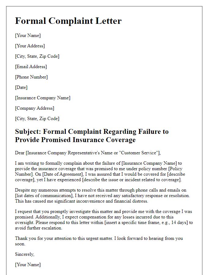 Letter template of formal complaint for failure to provide promised insurance coverage.