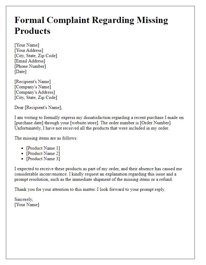 Letter template of formal complaint about absent products in a recent purchase.