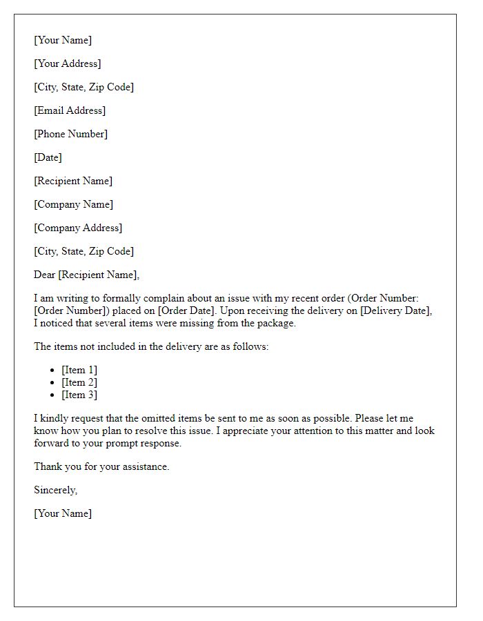 Letter template of formal complaint for articles that were not included in delivery.