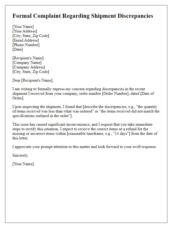 Letter template of formal complaint concerning discrepancies in shipment.