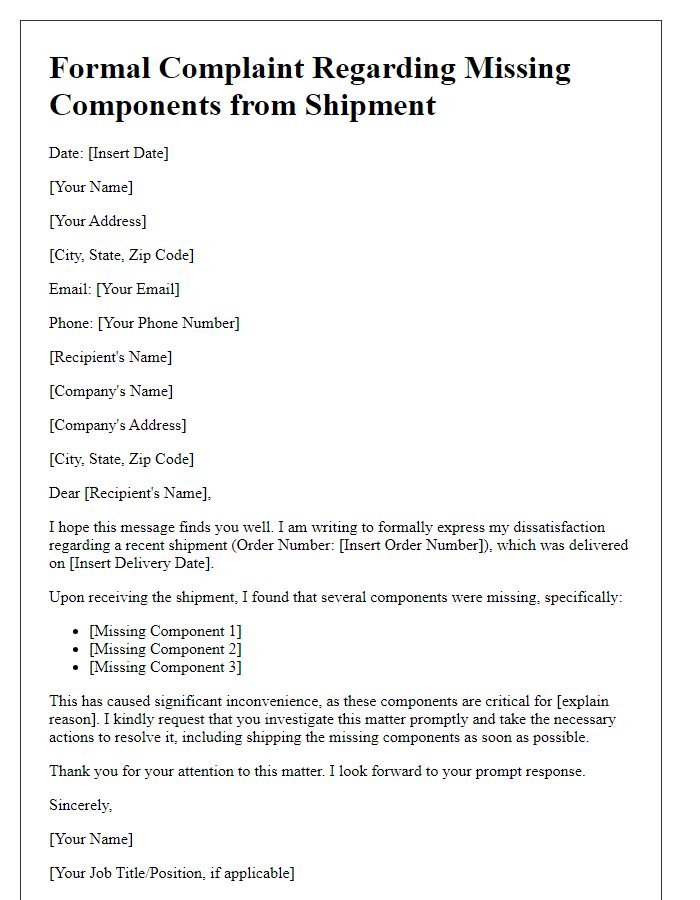 Letter template of formal complaint highlighting missing components from a shipment.