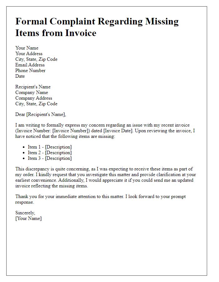 Letter template of formal complaint for items missing from invoice.