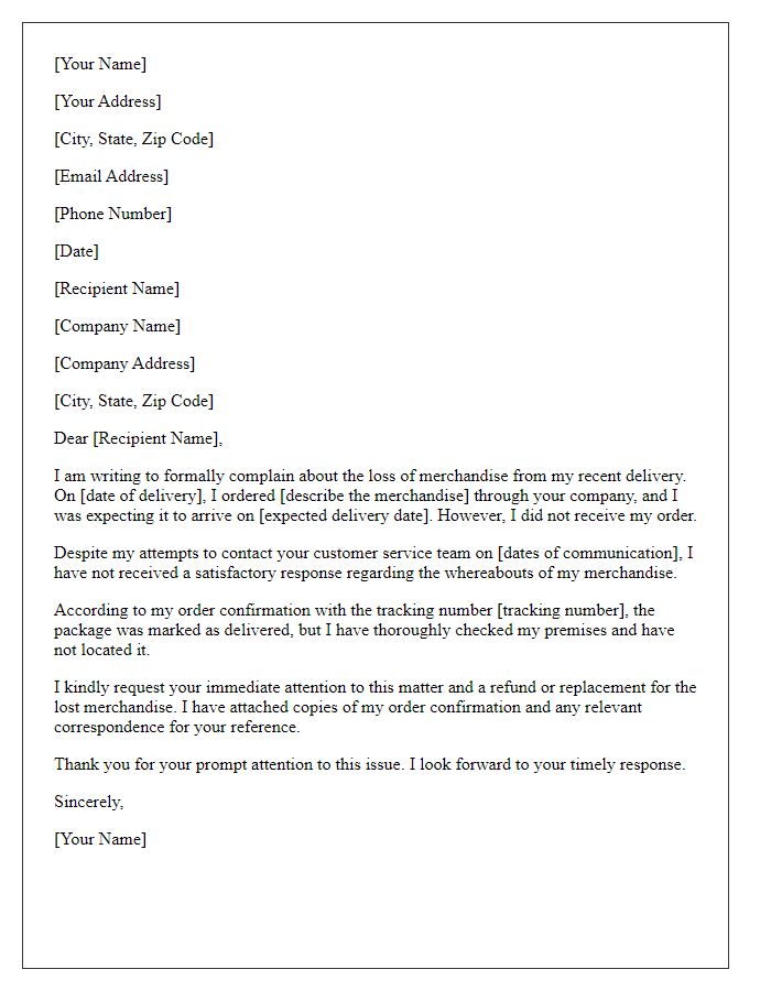 Letter template of formal complaint for lost merchandise from delivery.