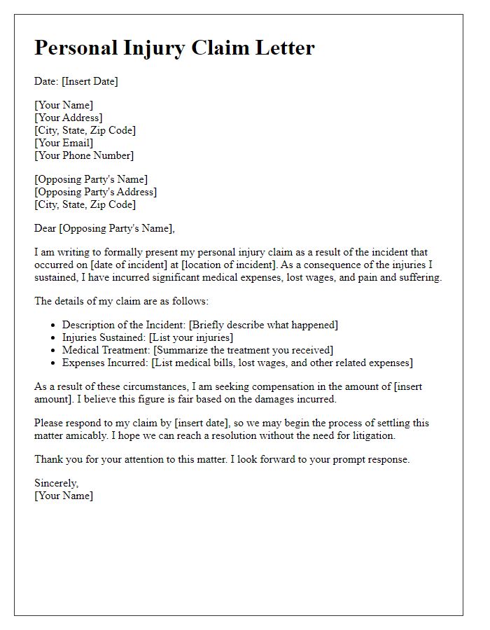 Letter template of personal injury claim letter to opposing party