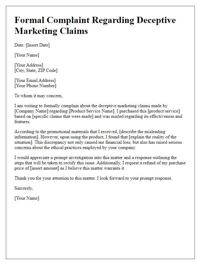 Letter template of formal complaint about deceptive marketing claims