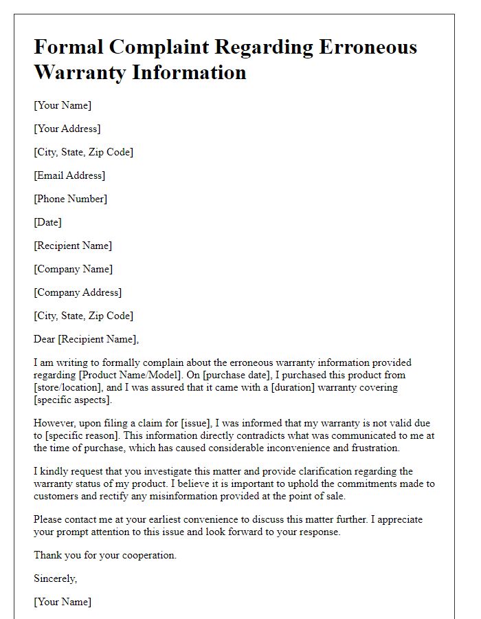 Letter template of formal complaint about erroneous warranty information