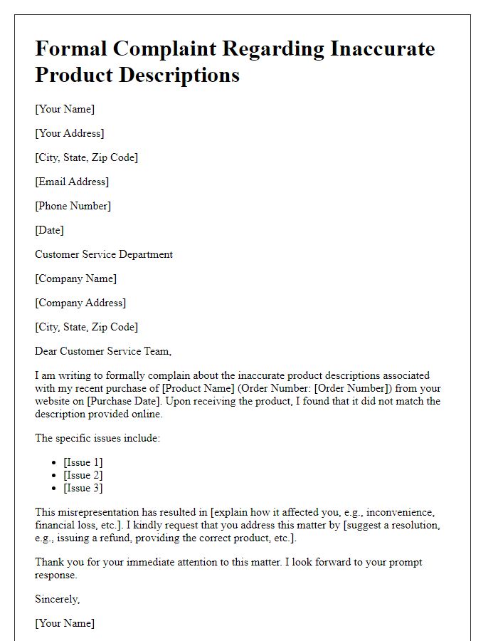 Letter template of formal complaint concerning inaccurate product descriptions