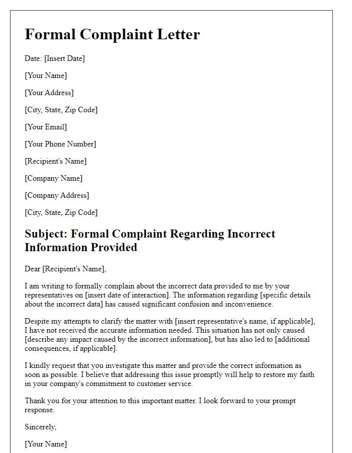 Letter template of formal complaint for incorrect data provided by representatives