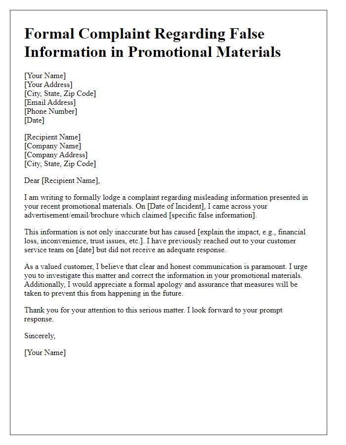 Letter template of formal complaint on false information in promotional materials