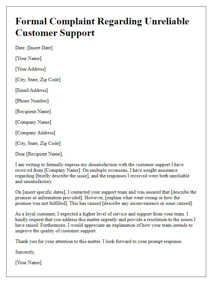 Letter template of formal complaint over unreliable customer support representations