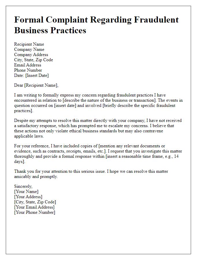 Letter template of formal complaint relating to fraudulent business practices