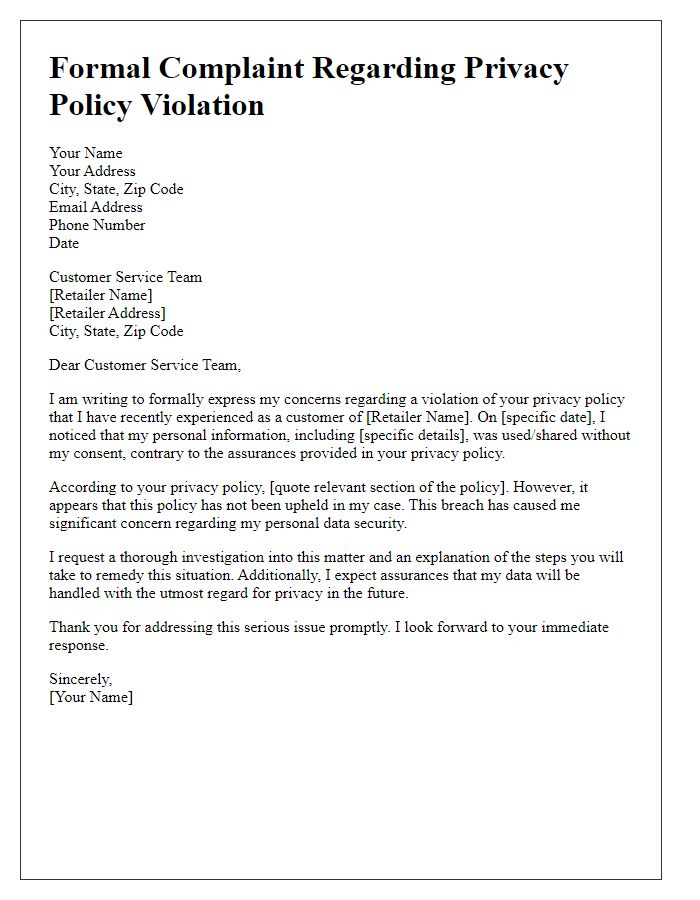 Letter template of formal complaint to online retailer about privacy policy violation.