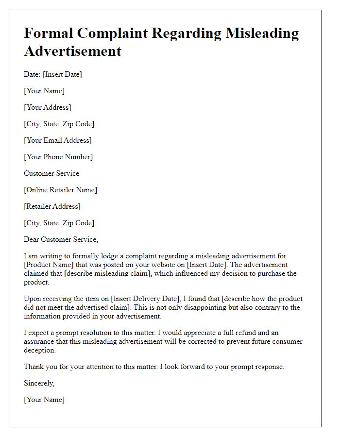 Letter template of formal complaint to online retailer over a misleading advertisement.